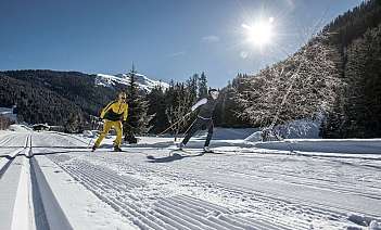 Two skiers enjoying a sunny day on snowy trails.