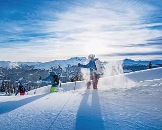 Three skiers enjoying fresh snow in a mountainous landscape.