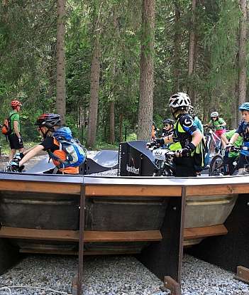 Group of children cycling on a bike track in a forested area.