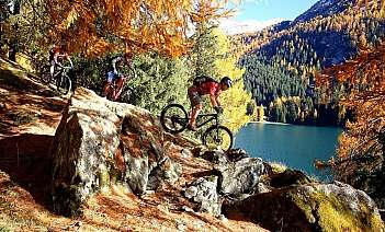 Mountainbiker im herbstlichen Wald Drei Mountainbiker fahren über Felsen am See.