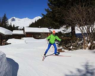 Un skieur traverse un paysage enneigé avec des chalets en arrière-plan.