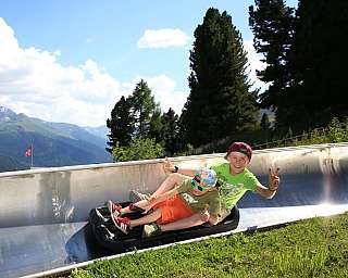 Zwei Kinder fahren fröhlich auf einer Rodelbahn in den Bergen.