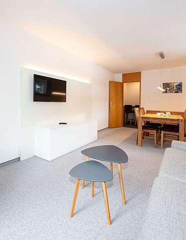 Modernes Wohnzimmer mit Sofa, Tisch und Fernseher.