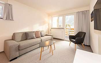 Espace de vie avec canapé, fauteuil et vue sur la montagne.
