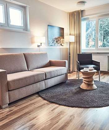 Cozy living room with sofa, chairs, and mountain view.