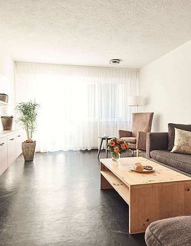 Modernes Wohnzimmer mit Sofa, Couchtisch und Pflanzen.