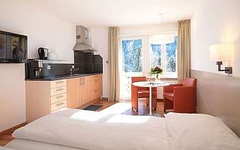 Intérieur d&#039;une chambre avec cuisine, table et vue sur la nature.